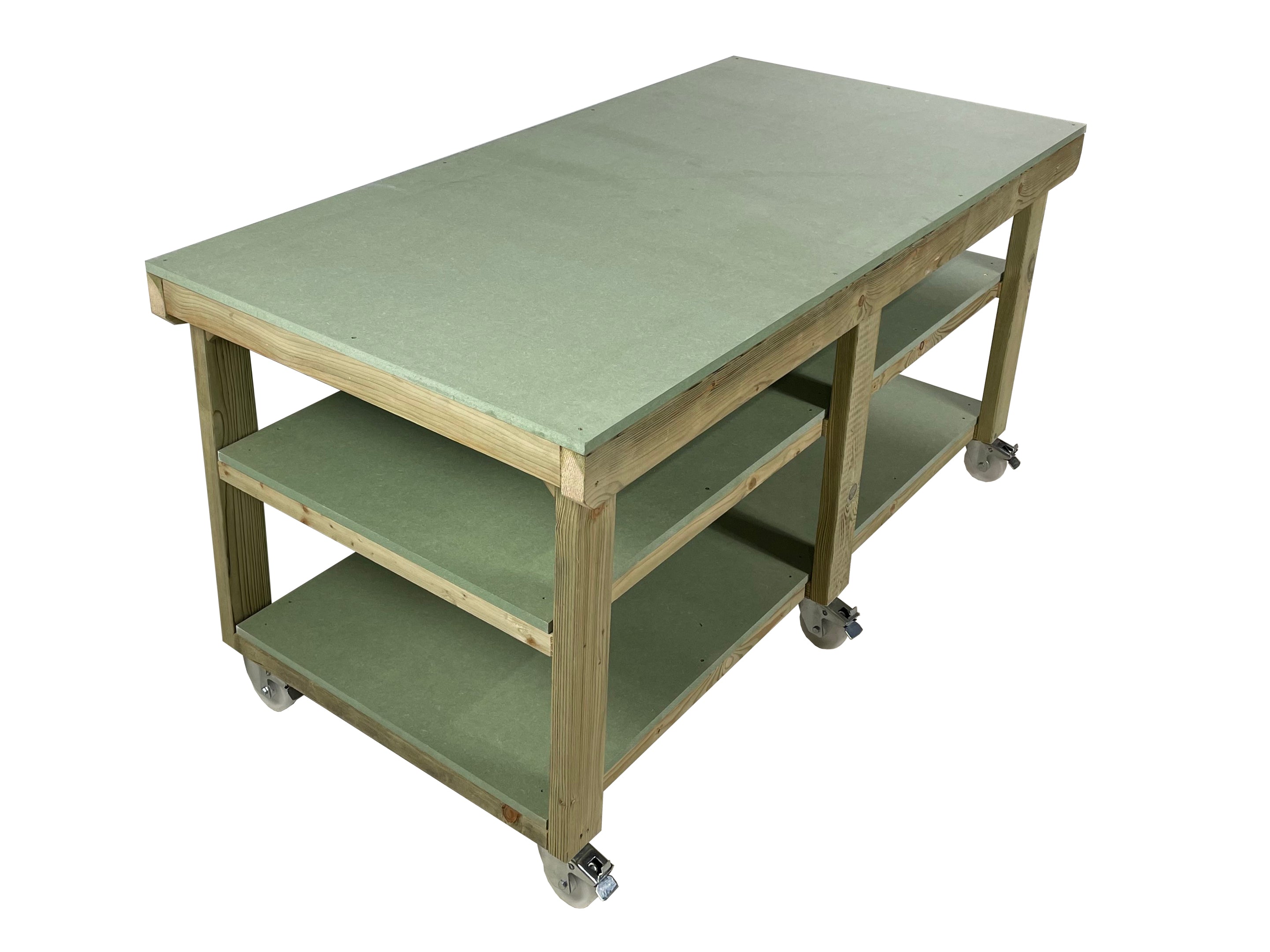 Wooden UniMDF Top Workbench Depth-3ft With Wheels and Double Shelf