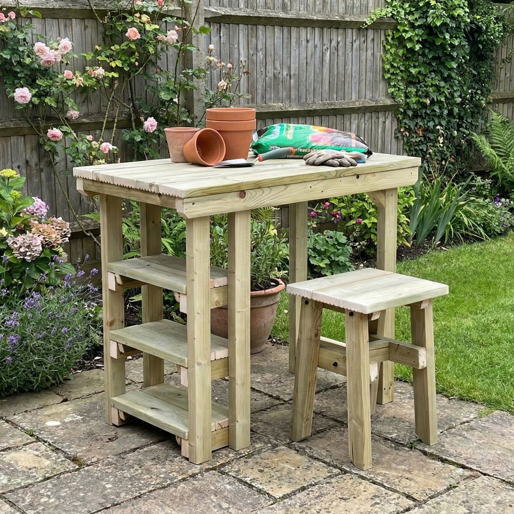 Garden potting table, multi purpose workbench (106cm + 2x chairs ...