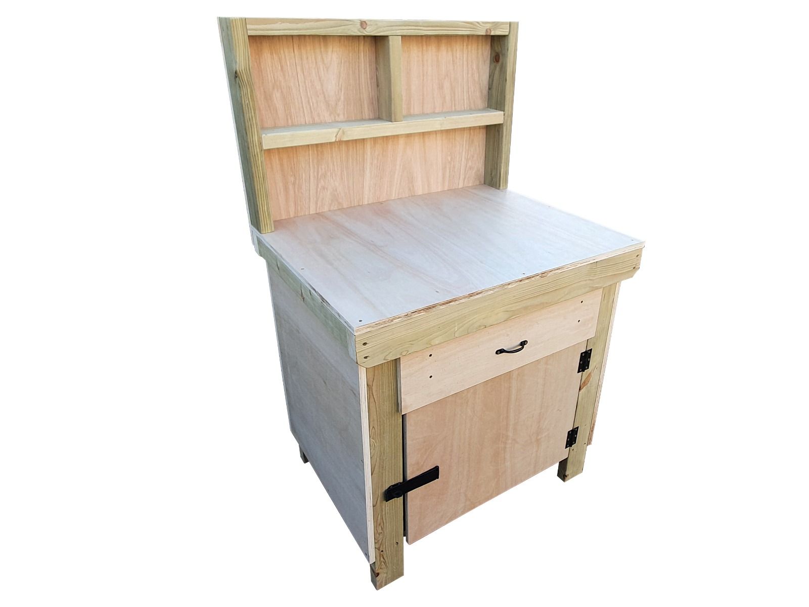 Wooden MDF top storage workbench with lockable cupboard and drawers (V.4) with back