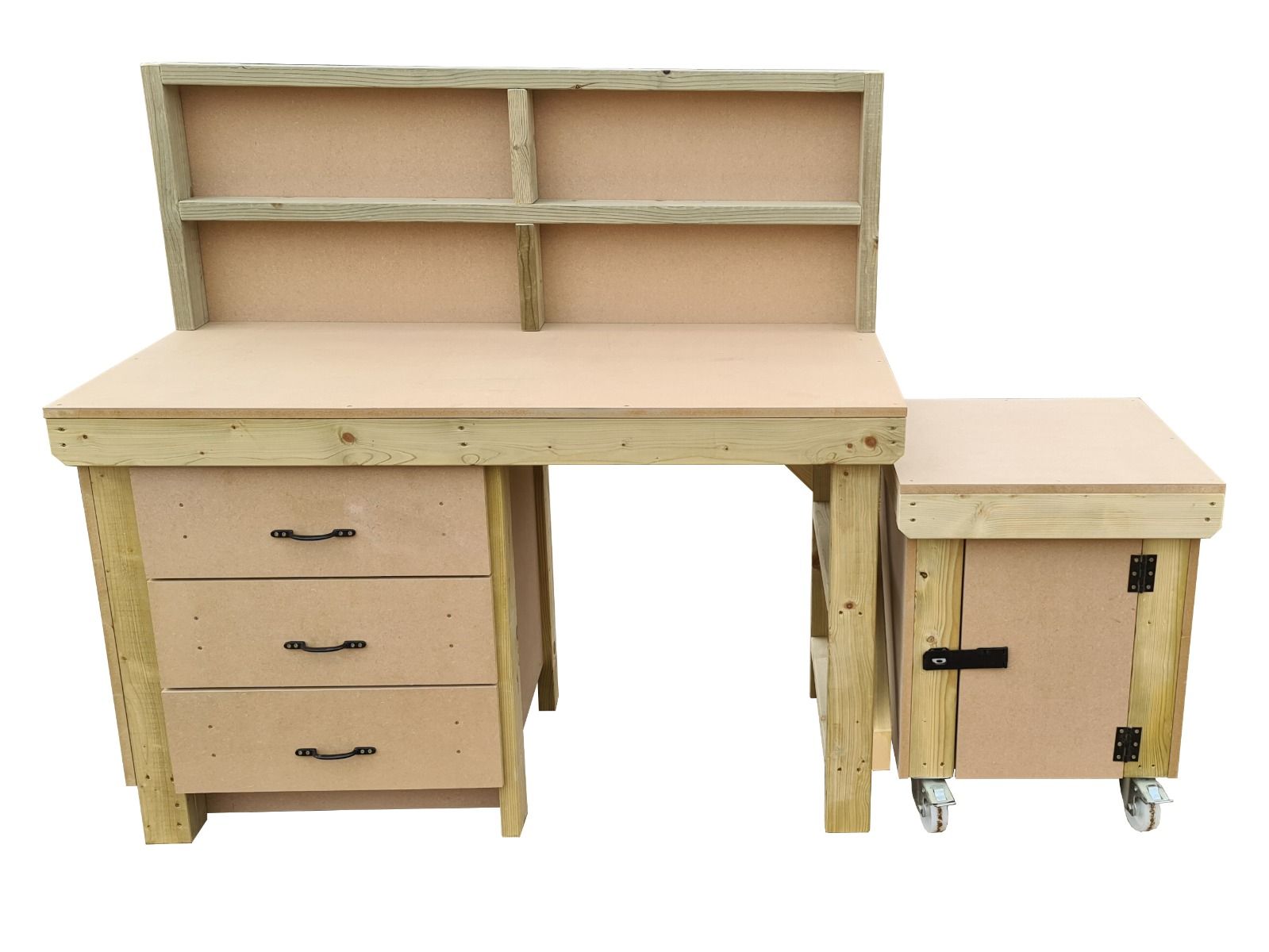 Wooden MDF top workbench with drawers, back panel and functional lockable cupboard (V.6)