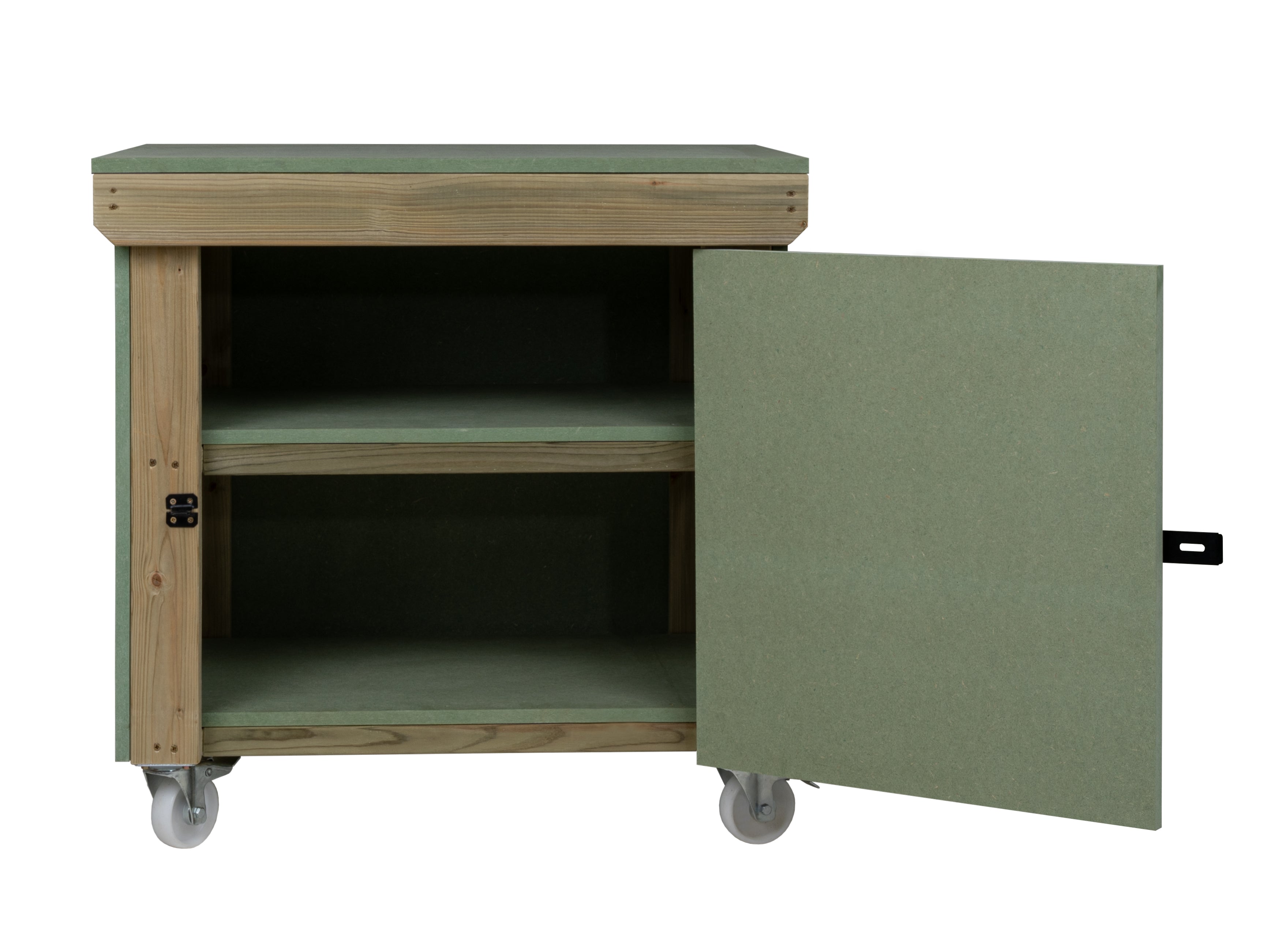 Wooden UniMDF Moisture Resistant Workbench With Lockable Cupboard (V.9) With Wheels, Double Shelf