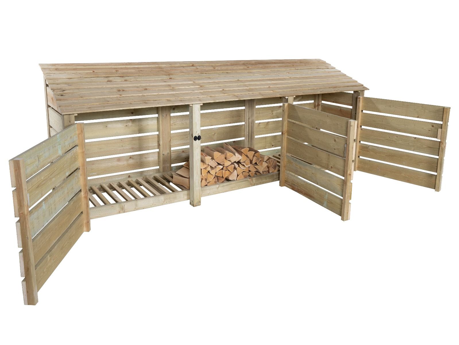 Spanish. Log Store Slatted Wooden Log Store with Doors W-335cm, H-126cm or 180cm, D-88cm ...