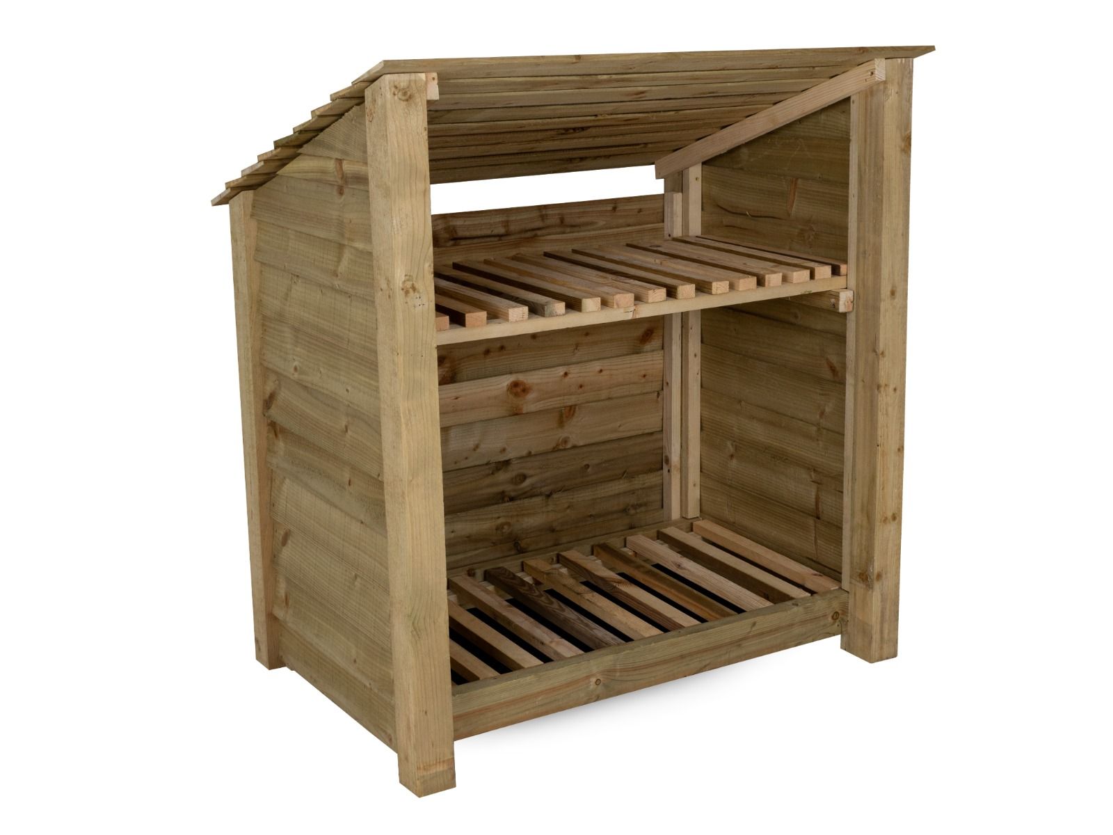 Wooden Log Store (Roof Sloping Back) with Shelf W-119cm, H-126cm Or 180cm, D-88cm
