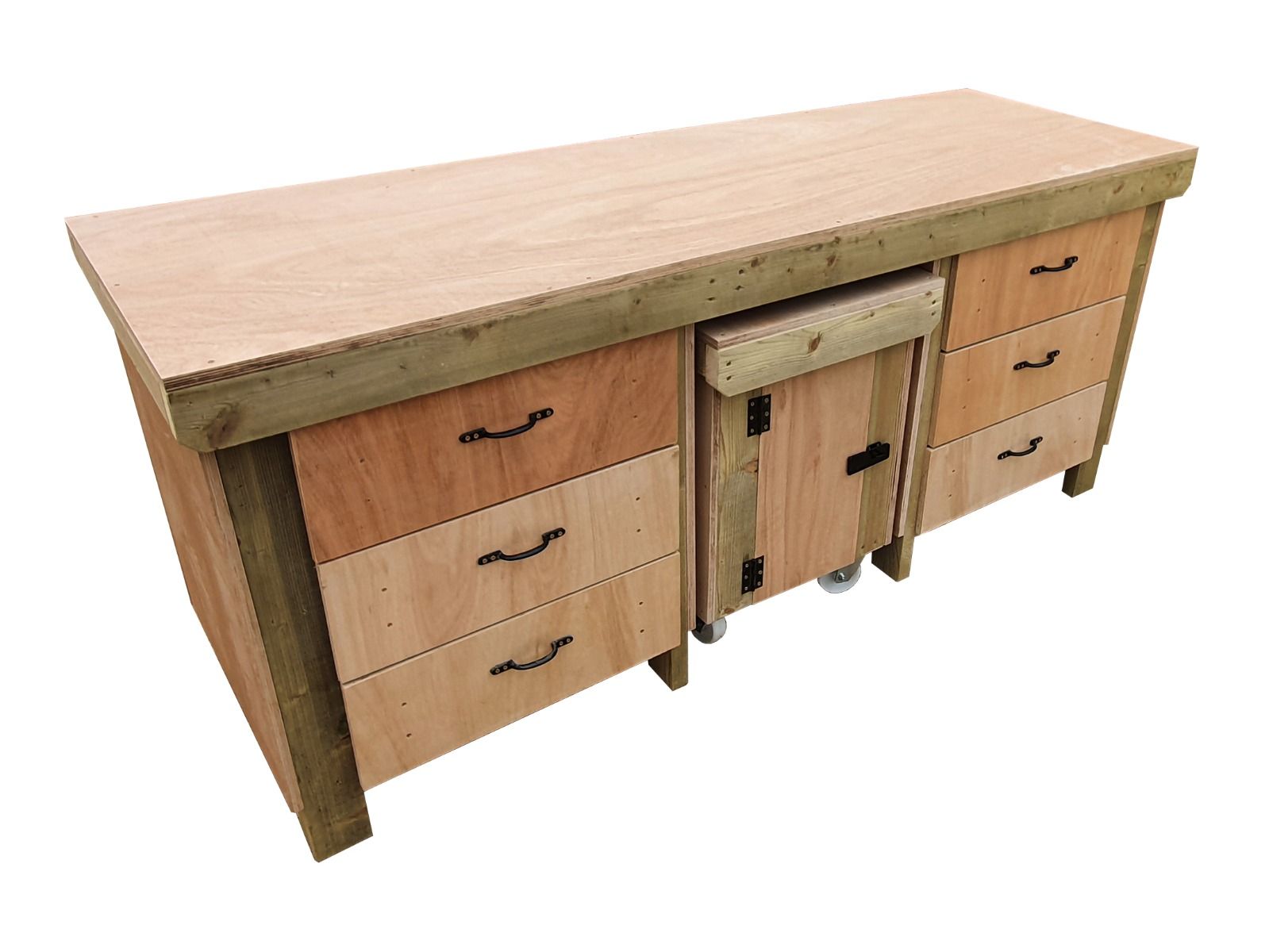 Wooden Eucalyptus hardwood top workbench with drawers and functional lockable cupboard (V.5)