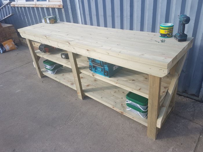 Pressure Treated Handmade Garage Workshop Work Table 3ft Heavy Duty Workbench With Double Shelf and Back Panel Indoor/Outdoor