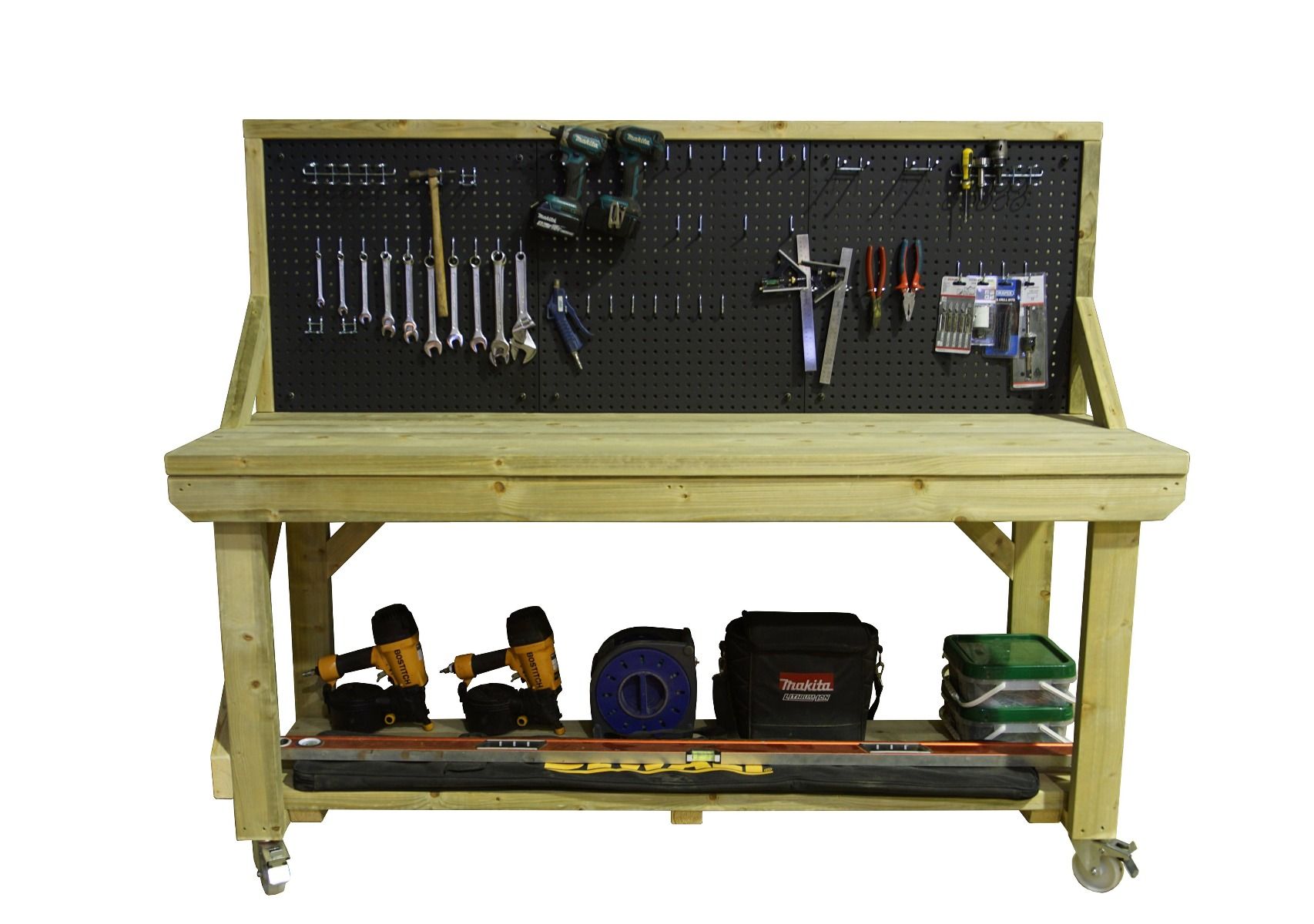 workbench with light and pegboard